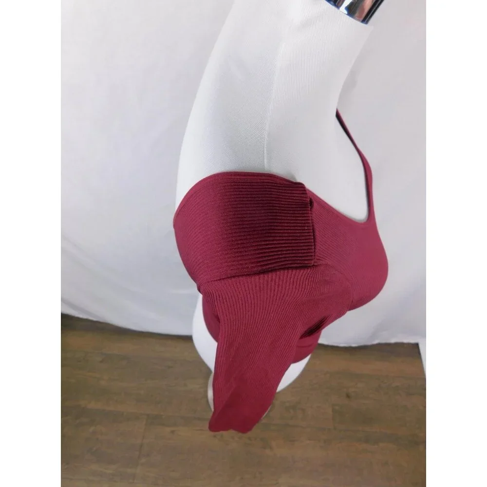 Wild Fable Burgundy Ribbed Long Sleeve Scoop Neck Crop Top S - Excellent